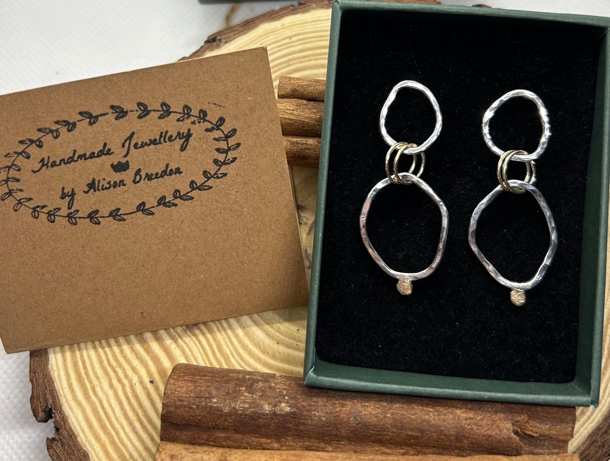 Long Oval Sterling Silver and Gold Textured Earrings - Handmade Jewellery by Alison Breedon